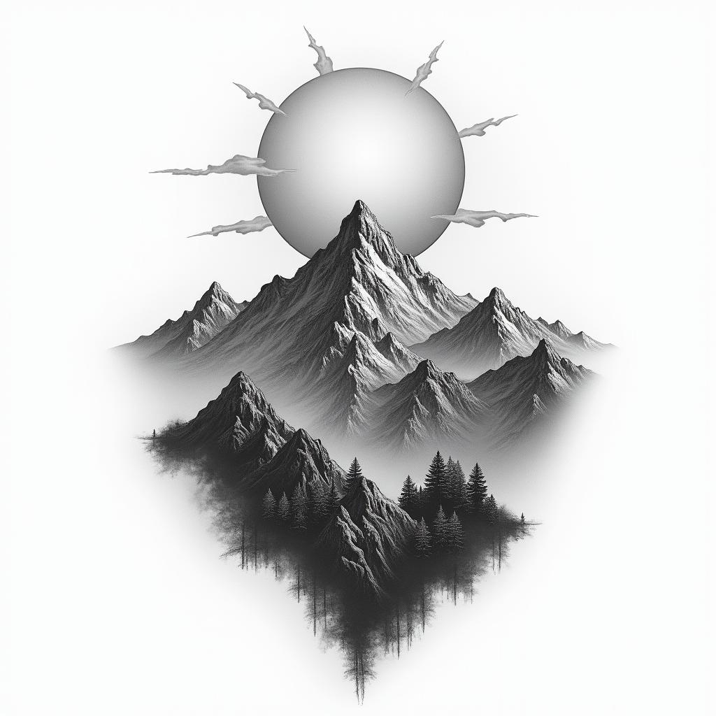 Mountain range with a rising sunhigly detailed tattoo - Variation 12