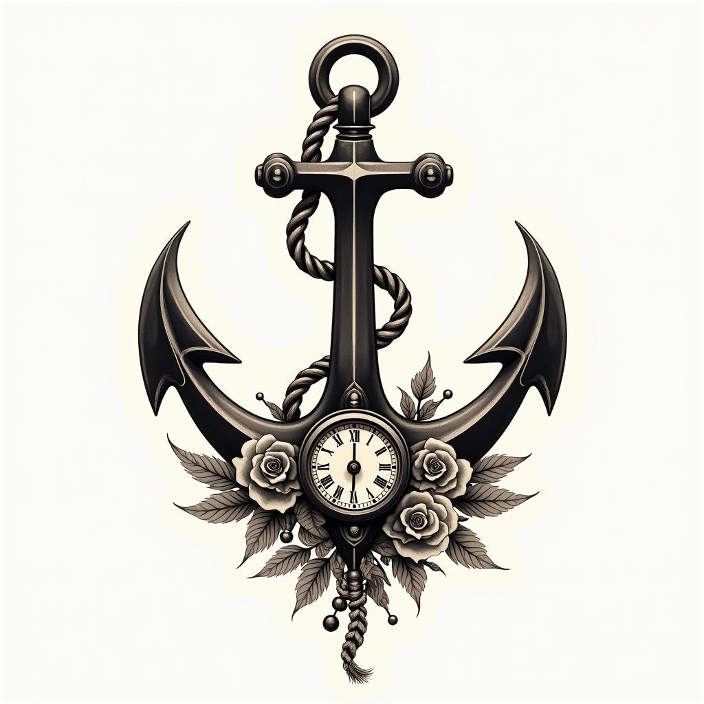 Anchor with nautical rope and compassin victorian style tattoo, featuring vintage and elegant elements, ornate frames, roses, antique, sepia-toned color scheme - Variation 16