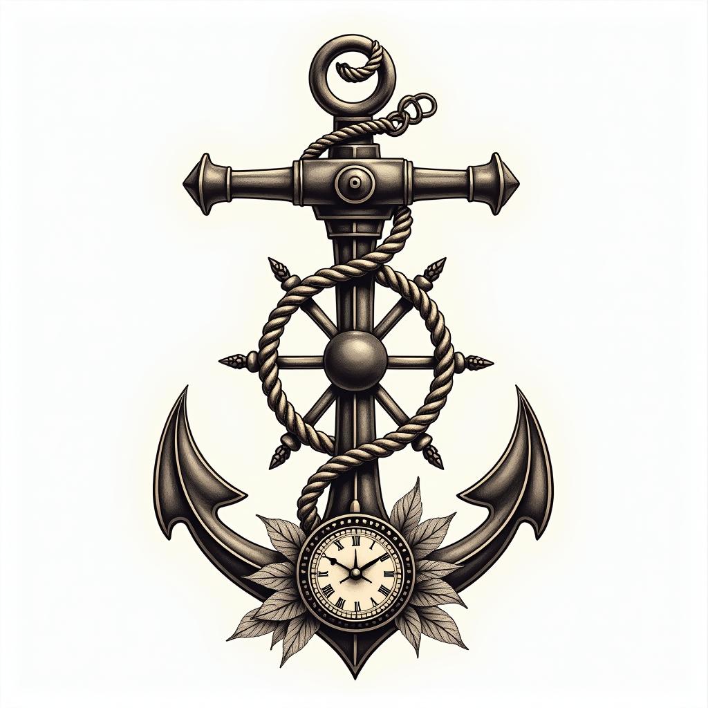 Anchor with nautical rope and compassin victorian style tattoo, featuring vintage and elegant elements, ornate frames, roses, antique, sepia-toned color scheme - Variation 14
