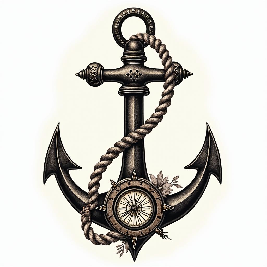 Anchor with nautical rope and compassin victorian style tattoo, featuring vintage and elegant elements, ornate frames, roses, antique, sepia-toned color scheme - Variation 15