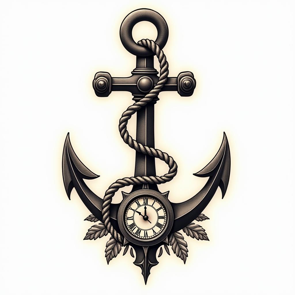 Anchor with nautical rope and compassin victorian style tattoo, featuring vintage and elegant elements, ornate frames, roses, antique, sepia-toned color scheme - Variation 13