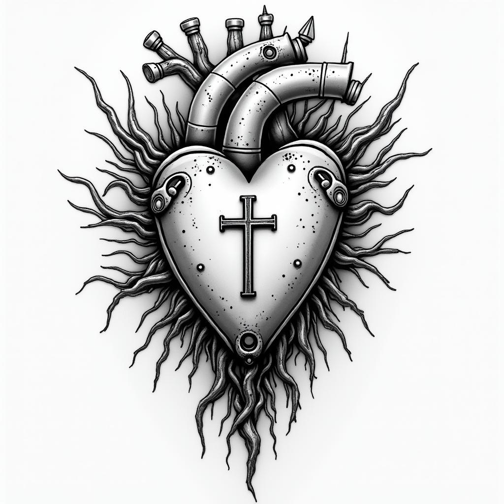 I wanna a real heart with a cross, and the words who is worthytattoo in biomechanic style, the tattoo covered by robotic elements of futuristic cyberpunk design, robotic features detail, showcasing intricate mechanical components - Variation 4