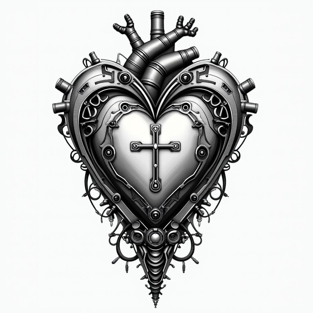 I wanna a real heart with a cross, and the words who is worthytattoo in biomechanic style, the tattoo covered by robotic elements of futuristic cyberpunk design, robotic features detail, showcasing intricate mechanical components