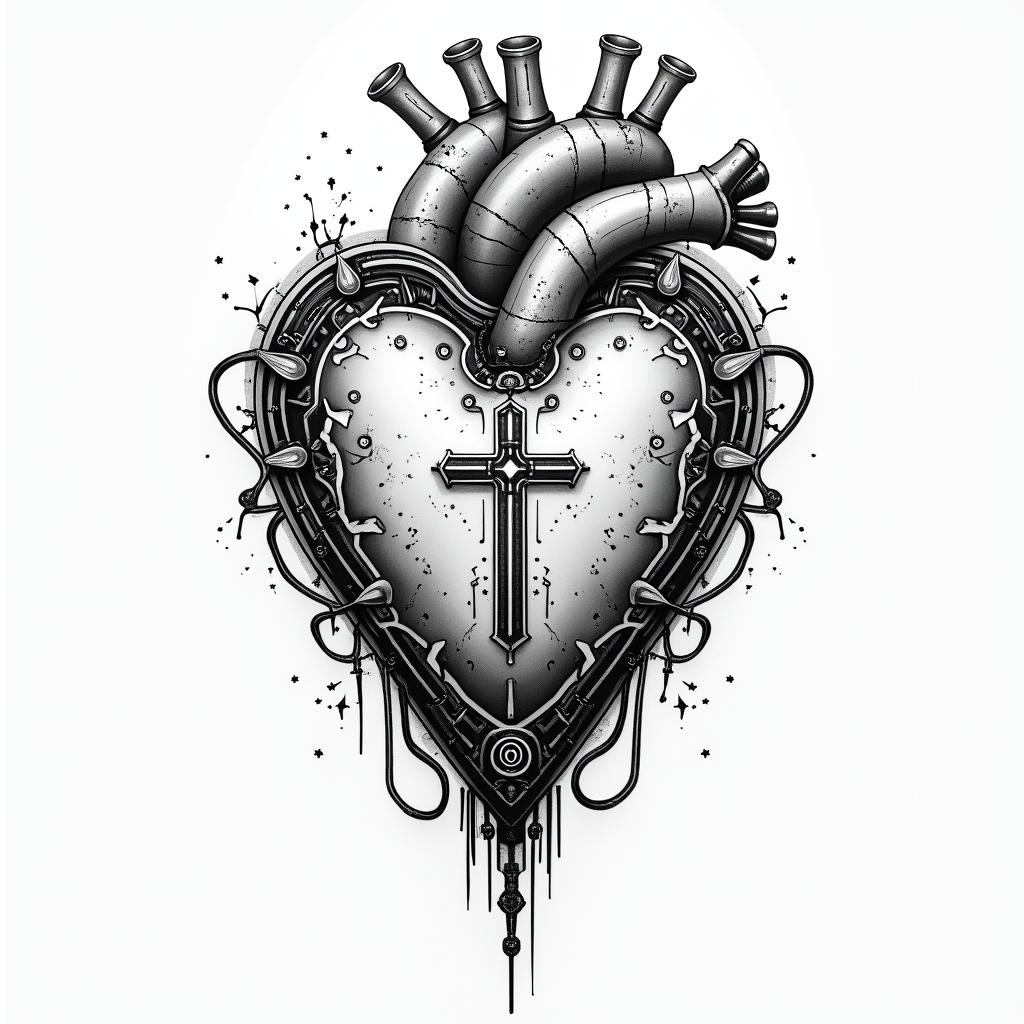 I wanna a real heart with a cross, and the words who is worthytattoo in biomechanic style, the tattoo covered by robotic elements of futuristic cyberpunk design, robotic features detail, showcasing intricate mechanical components - Variation 3