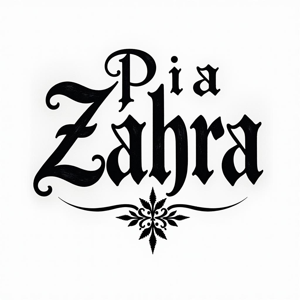 Pia-Zahratext-based tattoo, gothic font ultra-realistic, perfectly placed, high-quality font design, photo-realistic shading, 8k, high quality, finely detailed typography - Variation 2