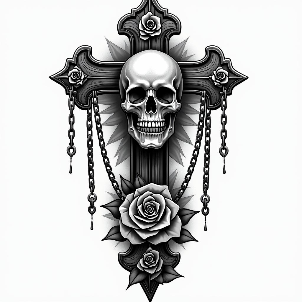 Gemini/ Guaratuba/ Miguelin chicano style tattoo, featuring intricate black and grey shading, bold elements of traditional chicano culture symbols, add a big cross with skull, chains and roses