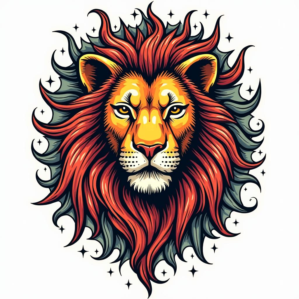 Leo sign, year 1998in pop art style tattoo, featuring bold and vibrant colors, exaggerated outlines, iconic imagery, inspired by comic books and speech bubbles, comic book characters, retro pop culture - Variation 2
