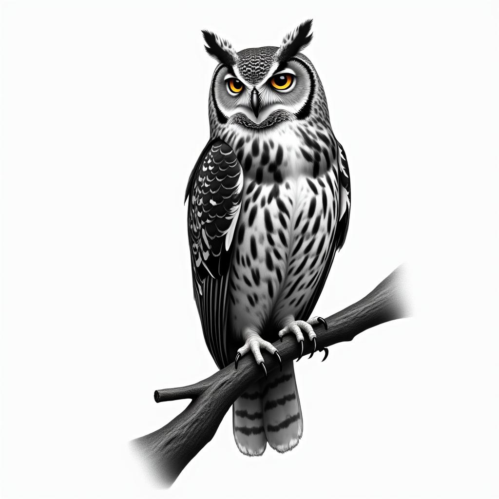 owl on a  branchin realism tattoo style, featuring a highly detailed, lifelike, capturing every detail, photorealistic, ultra realistic, intricate shading, smooth and sharp,  