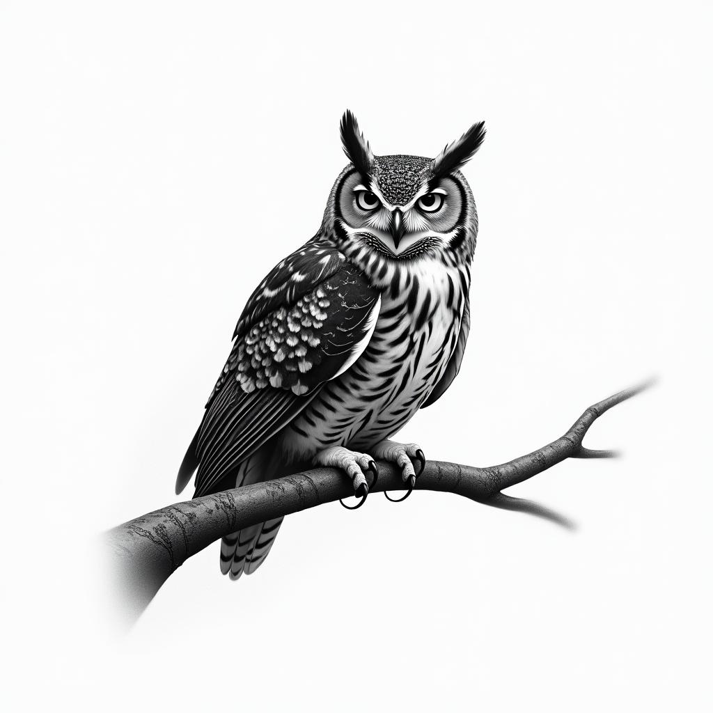 owl on a branchin realism tattoo style, featuring a highly detailed, lifelike, capturing every detail, photorealistic, ultra realistic, intricate shading, smooth and sharp, - Variation 3