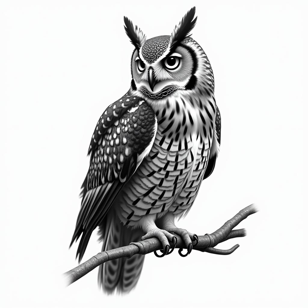 owl on a branchin realism tattoo style, featuring a highly detailed, lifelike, capturing every detail, photorealistic, ultra realistic, intricate shading, smooth and sharp, - Variation 4