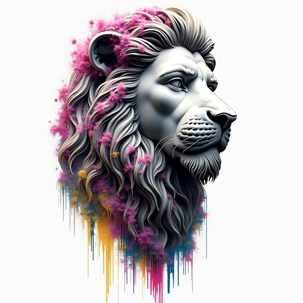 Siluthando, Leo, Lionking Zeusin distorted and fragmented tattoo design, featuring a classical statue bust, in a glitch art style with vibrant, overlapping colors of cyan, magenta, and yellow, creating a digital distortion effect