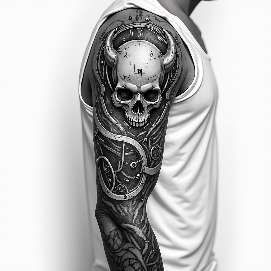 Viking shield on the elbowtattoo in biomechanic style, the tattoo covered by robotic elements of futuristic cyberpunk design, robotic features detail, showcasing intricate mechanical components - Variation 4