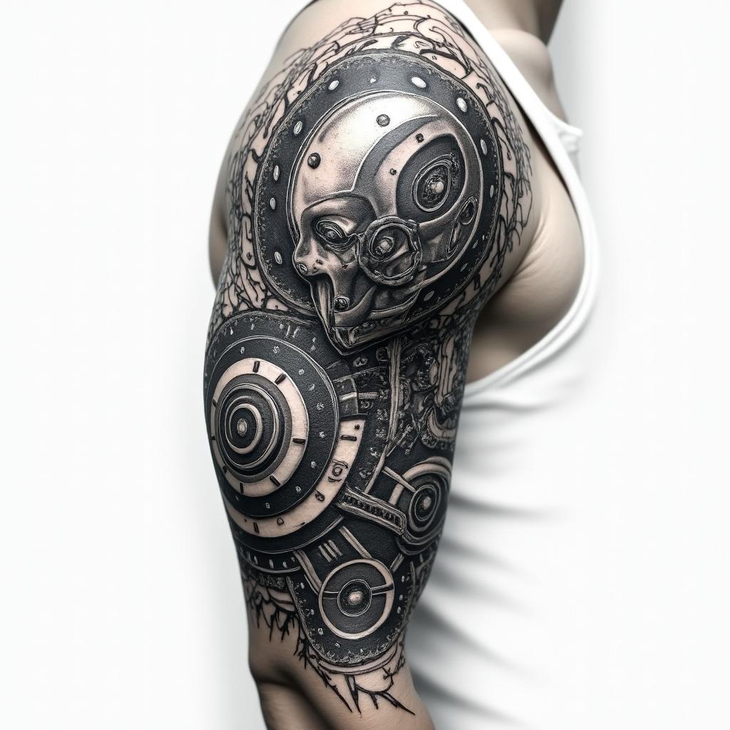 Viking shield on the elbowtattoo in biomechanic style, the tattoo covered by robotic elements of futuristic cyberpunk design, robotic features detail, showcasing intricate mechanical components - Variation 2