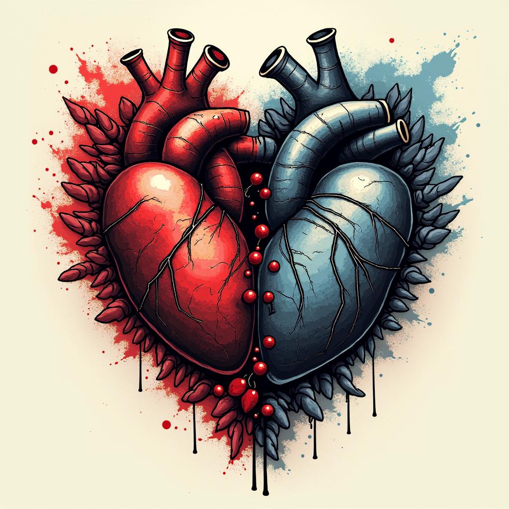 Here is a detailed description of the tattoo composition in the Trash Polka style that combines the symbolism of Ukraine and Poland under the concept of "Two Hearts / Two Lands":

---

### Composition Concept

- **Central Element:**  
  Two intertwining or separated stylized hearts symbolize the duality between desires, home, past and future (Ukraine) and reality, present, refuge (Poland). The shape of the hearts can be dynamic, depicted with clearly contrasting strokes characteristic of Trash Polka.

- **Ukrainian Half:**  
  - *Symbols and Details:*  
    Here, a black outline of the map of Ukraine can be used, inside which is a realistically drawn ear of wheat (black-gray) or a bunch of viburnum with bright red berries emphasizing emotional richness.  
  - *Background and Atmosphere:*  
    The background can consist of "torn" black strokes, symbolizing memories, nostalgia, and longing, creating a softer, almost dissolved effect.  
  - *Text Elements:*  
    The word "ДІМ" (home) or "МРІЯ" (dream) can be added in a stylized font, possibly reminiscent of the architectural forms of a famous building in your city (for example, a fragment of the Sulowski Castle in Bielsko-Biała).  

- **Polish Half:**  
  - *Symbols and Details:*  
    This part can be accentuated through the use of clearer, sharper black lines and geometric figures reflecting the structure of reality and modernity. The key symbol – a stylized white eagle from Poland's coat of arms, set against an intensely red background (with elements of red strokes and lines).  
  - *Text Elements:*  
    The word "TERAZ" (now) would look good in this part of the composition, or the addition of the current date/coordinates emphasizing relevance and immediacy.

- **Transition Between Halves:**  
  The boundary between the Ukrainian and Polish parts will be fuzzy, "torn," and dynamic. Flowing black blobs and sharp red lines between them will create an effect of internal conflict and tension, supporting the drama and emotional depth of the composition.

---

### Notes on Trash Polka Style

The combination of realism and abstraction characteristic of Trash Polka will ensure visual tension through the use of a monochromatic palette dominated by black and bright red accents. Contrasting, bold elements and dynamic graphic strokes will complement the meaning of the composition, turning the tattoo into a true work of art capable of conveying complex emotions and internal contradictions.

---

This concept will allow for the creation of a deep, symbolic tattoo where every detail – from realistic elements to abstract strokes – tells a story of the search for balance between the past and the present, dream and reality.in distorted and fragmented tattoo design, featuring a classical statue bust, in a glitch art style with vibrant, overlapping colors of cyan, magenta, and yellow, creating a digital distortion effect - Variation 4