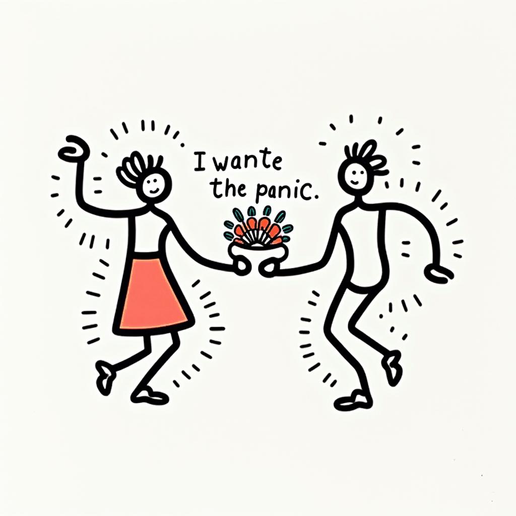 I want the number 42 the words don’t panic and a bowl of petuniasabstract dancing figures in Keith Haring style, featuring bold black outlines and solid color fills, figures posed in dynamic and playful dance movements, minimalist design - Variation 4