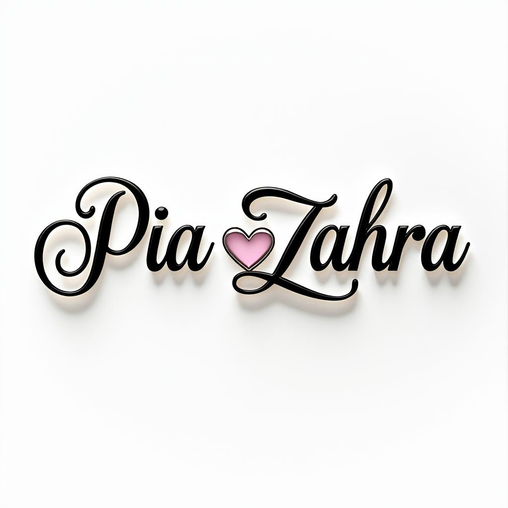 Pia Zahrain elegant cursive calligraphy style 2d tattoo, decorate with roses, featuring a smooth and flowing handwritten script with slightly thickened strokes for a luxurious and bold appearance, heart symbol between names, sleek and glossy black text with shadowing, minimalist matte white background, clean and sharp edges, illuminated with soft lighting, romantic, 8k, high-quality textures with refined typography - Variation 3