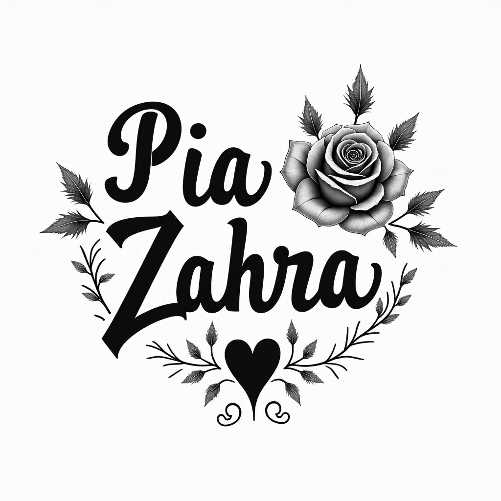 Pia Zahrain elegant cursive calligraphy style 2d tattoo, decorate with roses, featuring a smooth and flowing handwritten script with slightly thickened strokes for a luxurious and bold appearance, heart symbol between names, sleek and glossy black text with shadowing, minimalist matte white background, clean and sharp edges, illuminated with soft lighting, romantic, 8k, high-quality textures with refined typography - Variation 4