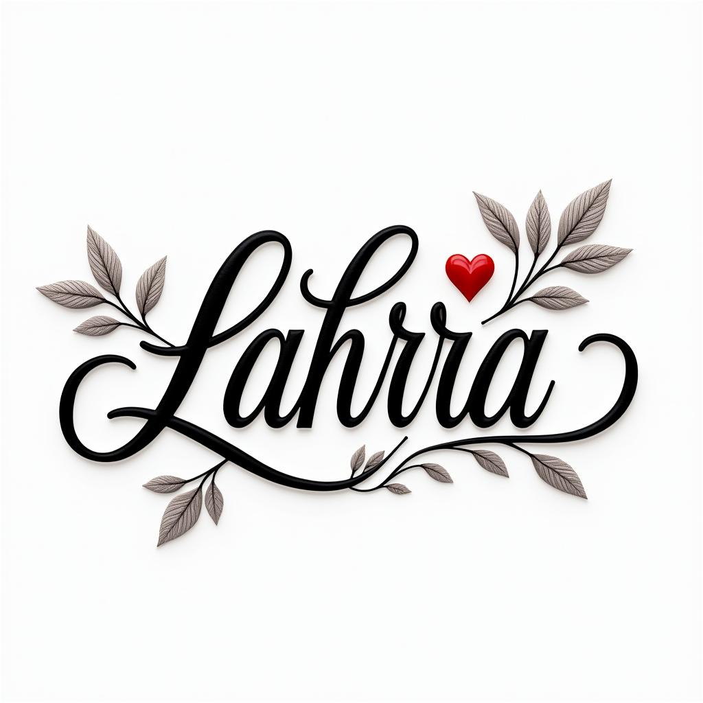 Pia Zahrain elegant cursive calligraphy style 2d tattoo, decorate with roses, featuring a smooth and flowing handwritten script with slightly thickened strokes for a luxurious and bold appearance, heart symbol between names, sleek and glossy black text with shadowing, minimalist matte white background, clean and sharp edges, illuminated with soft lighting, romantic, 8k, high-quality textures with refined typography - Variation 2