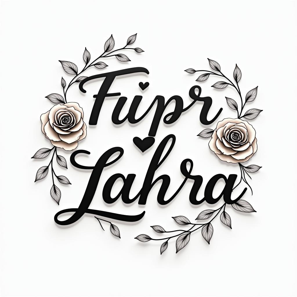 Pia Zahrain elegant cursive calligraphy style 2d tattoo, decorate with roses, featuring a smooth and flowing handwritten script with slightly thickened strokes for a luxurious and bold appearance, heart symbol between names, sleek and glossy black text with shadowing, minimalist matte white background, clean and sharp edges, illuminated with soft lighting, romantic, 8k, high-quality textures with refined typography