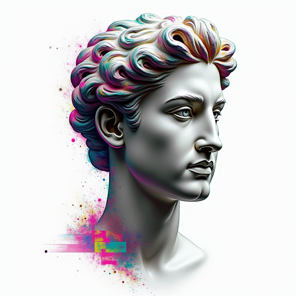 Benjamin  Zwilling  ludwigsburgin distorted and fragmented tattoo design, featuring a classical statue bust, in a glitch art style with vibrant, overlapping colors of cyan, magenta, and yellow, creating a digital distortion effect