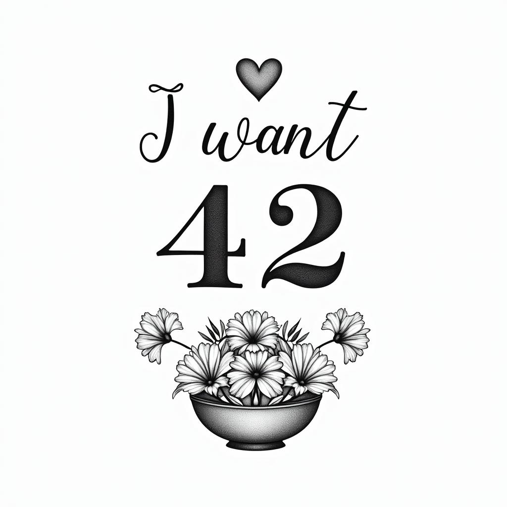 I want the number 42 the words don’t panic and a bowl of petuniasin Modest style tattoo, featuring soft, delicate line work with simple and meaningful symbols, gentle waves, a heart, evoking a sense of serenity and grace, - Variation 2
