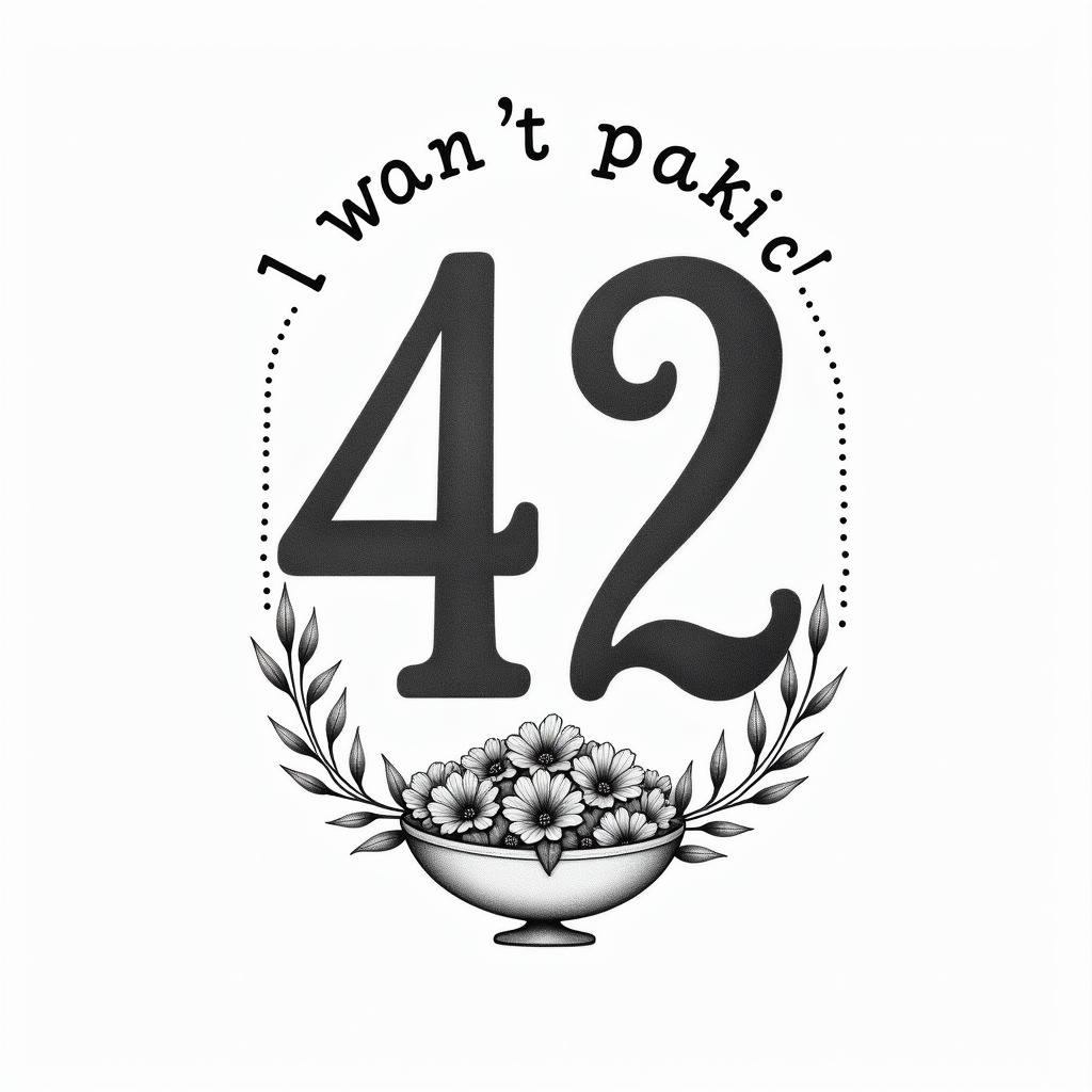 I want the number 42 the words don’t panic and a bowl of petuniasin Modest style tattoo, featuring soft, delicate line work with simple and meaningful symbols, gentle waves, a heart, evoking a sense of serenity and grace, - Variation 4