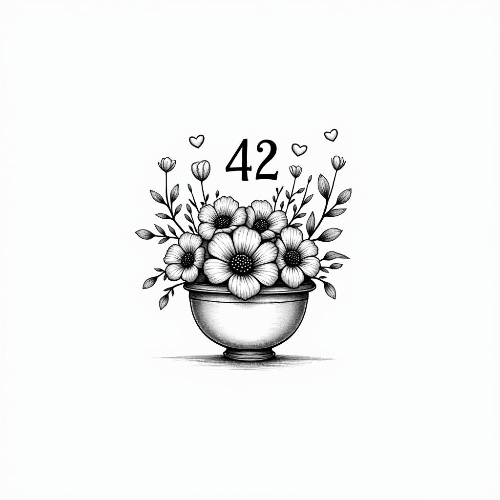 I want the number 42 the words don’t panic and a bowl of petuniasin Modest style tattoo, featuring soft, delicate line work with simple and meaningful symbols, gentle waves, a heart, evoking a sense of serenity and grace,