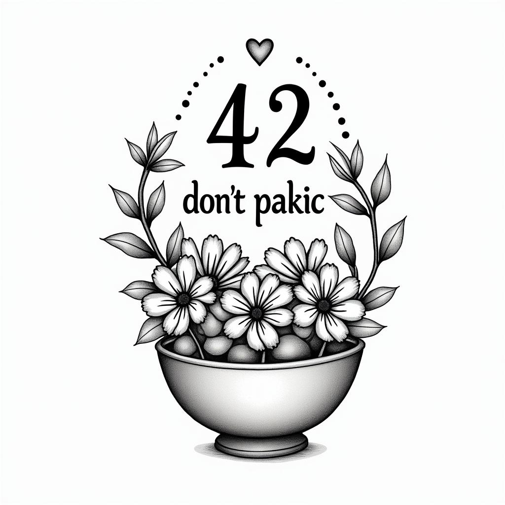 I want the number 42 the words don’t panic and a bowl of petuniasin Modest style tattoo, featuring soft, delicate line work with simple and meaningful symbols, gentle waves, a heart, evoking a sense of serenity and grace, - Variation 3