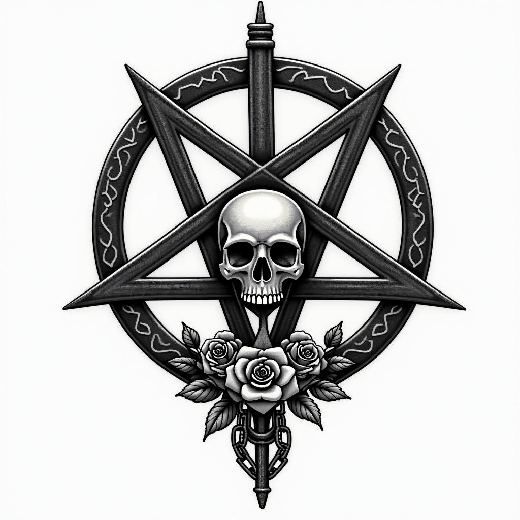 Pentacle symbolin chicano style tattoo, featuring intricate black and grey shading, bold elements of traditional chicano culture symbols, add a big cross with skull, chains and roses - Variation 3