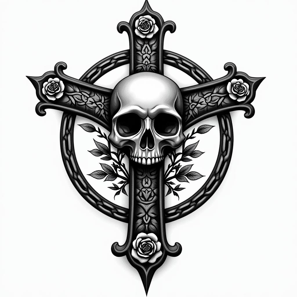 Pentacle symbolin chicano style tattoo, featuring intricate black and grey shading, bold elements of traditional chicano culture symbols, add a big cross with skull, chains and roses - Variation 2