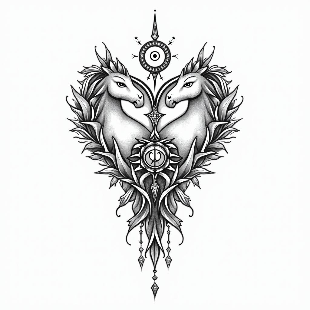 Hearts, unicorns, mermaids, lovein spiritual symbols tattoo style, featuring an intricate design incorporating elements, Hamsa hand, third eye, minimalist composition - Variation 3