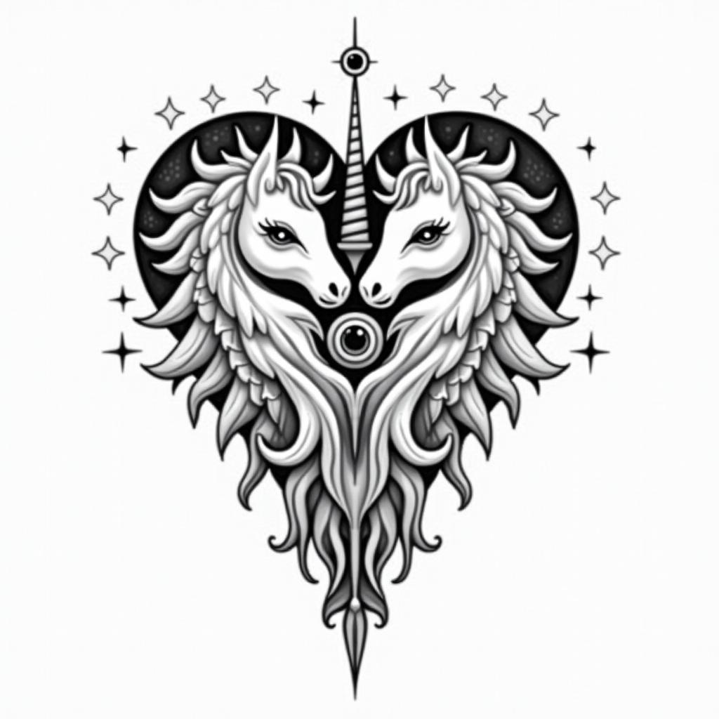 Hearts, unicorns, mermaids, lovein spiritual symbols tattoo style, featuring an intricate design incorporating elements, Hamsa hand, third eye, minimalist composition