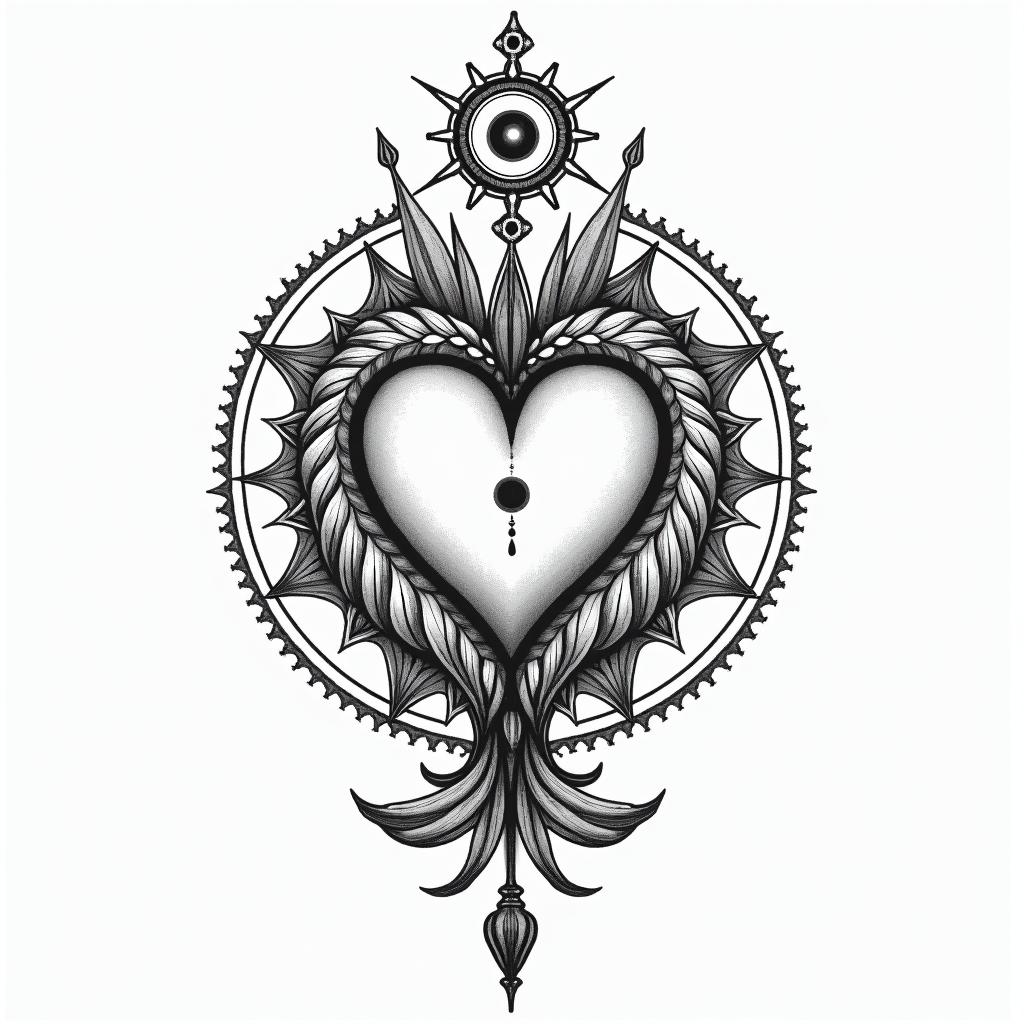 Hearts, unicorns, mermaids, lovein spiritual symbols tattoo style, featuring an intricate design incorporating elements, Hamsa hand, third eye, minimalist composition - Variation 4