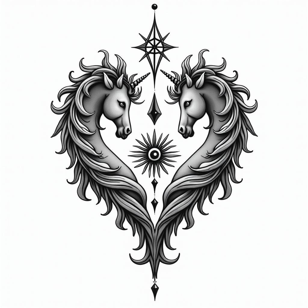Hearts, unicorns, mermaids, lovein spiritual symbols tattoo style, featuring an intricate design incorporating elements, Hamsa hand, third eye, minimalist composition - Variation 2