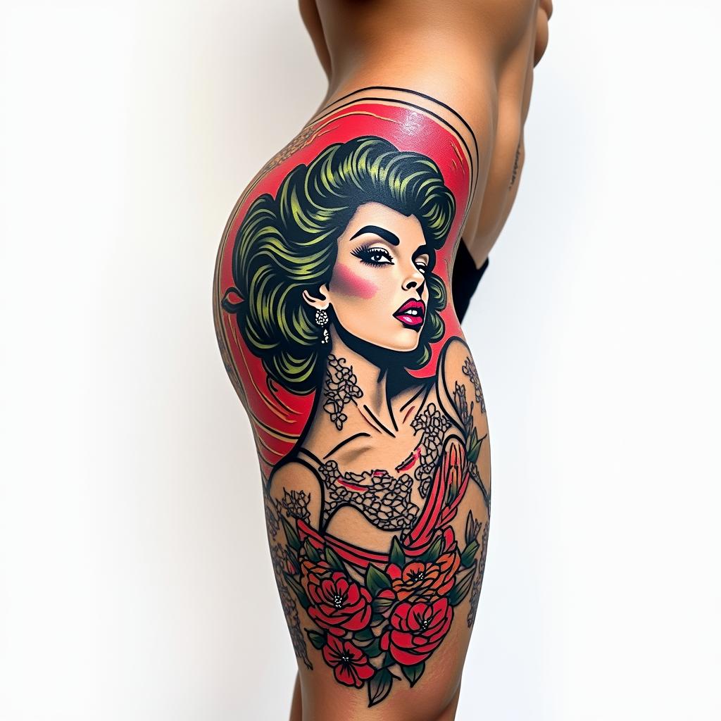 Tattoo for the side of the thigh image of Maria Padilhain pop art style tattoo, featuring bold and vibrant colors, exaggerated outlines, iconic imagery, inspired by comic books and speech bubbles, comic book characters, retro pop culture - Variation 3