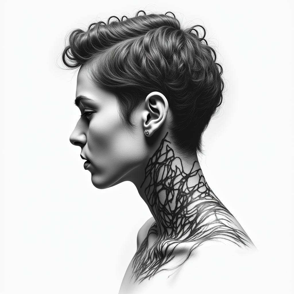 Neck tattoo under left earhigly detailed tattoo