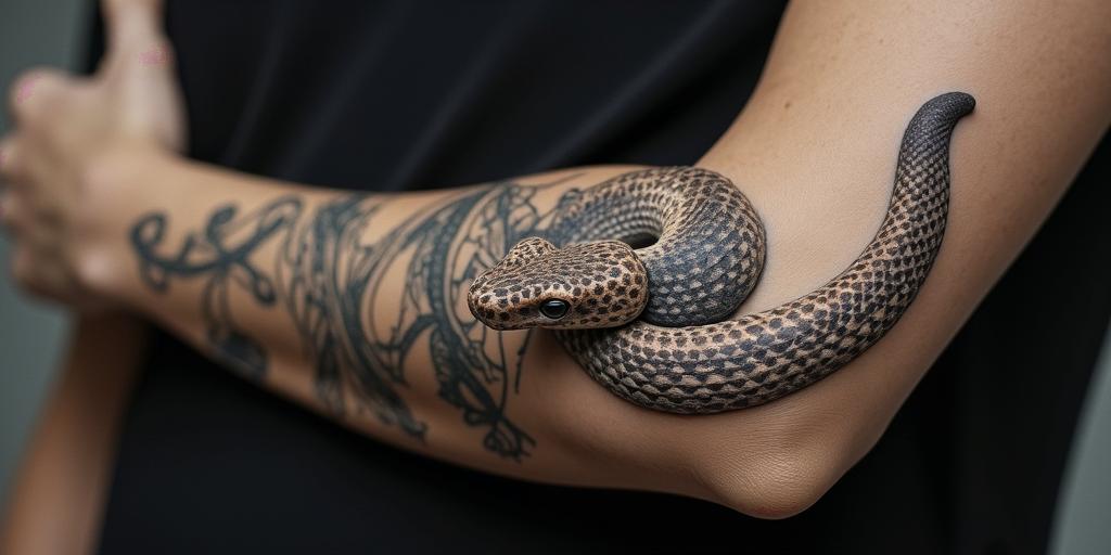 Snake with somethingin victorian style tattoo, featuring vintage and elegant elements, ornate frames, roses, antique, sepia-toned color scheme - Variation 3