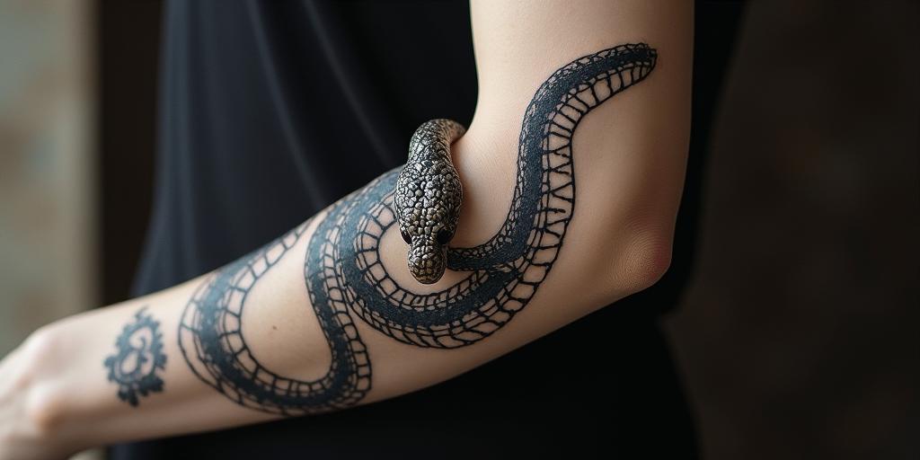 Snake with somethingin victorian style tattoo, featuring vintage and elegant elements, ornate frames, roses, antique, sepia-toned color scheme