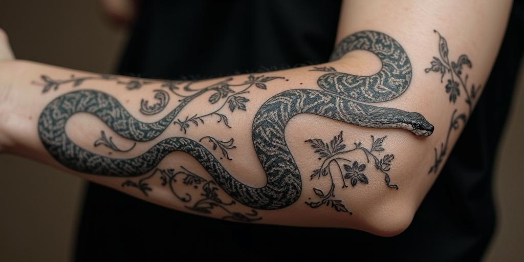 Snake with somethingin victorian style tattoo, featuring vintage and elegant elements, ornate frames, roses, antique, sepia-toned color scheme - Variation 4