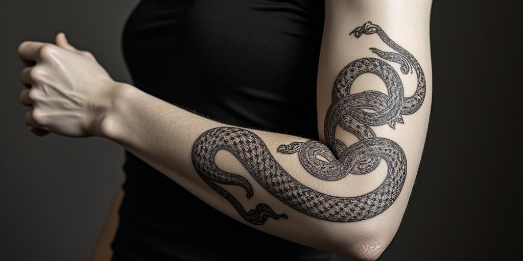 Snake with somethingin victorian style tattoo, featuring vintage and elegant elements, ornate frames, roses, antique, sepia-toned color scheme - Variation 2