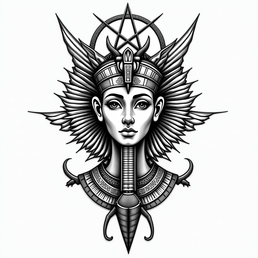 Pentacle symbolin egyptian style tattoo, bold elements of ancient egyptian culture including a portrait of an Egyptian pharaoh with detailed facial features, in hieroglyphs and symbolic imagery, eye of horus, ankh symbol, scarab beetle