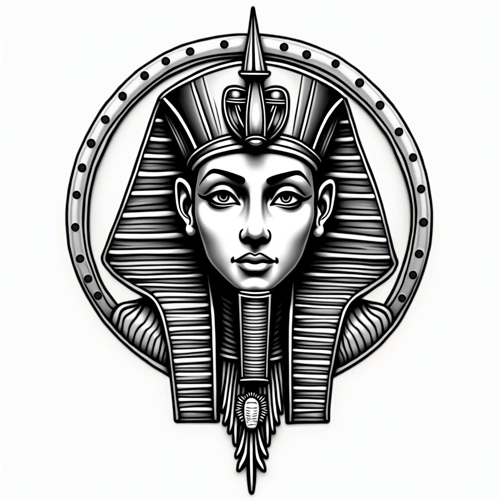 Pentacle symbolin egyptian style tattoo, bold elements of ancient egyptian culture including a portrait of an Egyptian pharaoh with detailed facial features, in hieroglyphs and symbolic imagery, eye of horus, ankh symbol, scarab beetle - Variation 2