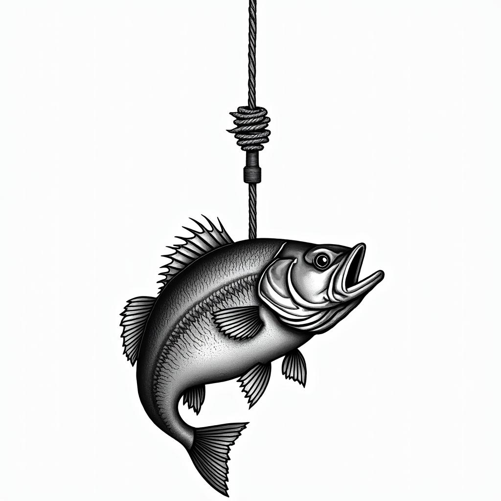 Fishing hook with a bass fish and a tractortext-based tattoo, gothic font ultra-realistic, perfectly placed, high-quality font design, photo-realistic shading, 8k, high quality, finely detailed typography - Variation 1