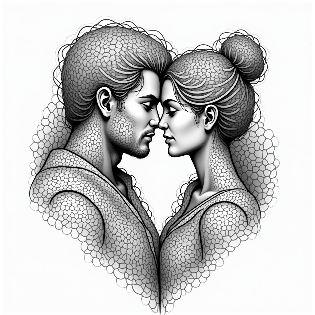Love between father and daughter in geometric style tattoo, blending hexagons, mandala-inspired patterns, symmetrical and fractal design, clean lines, sharp angles - Variation 2