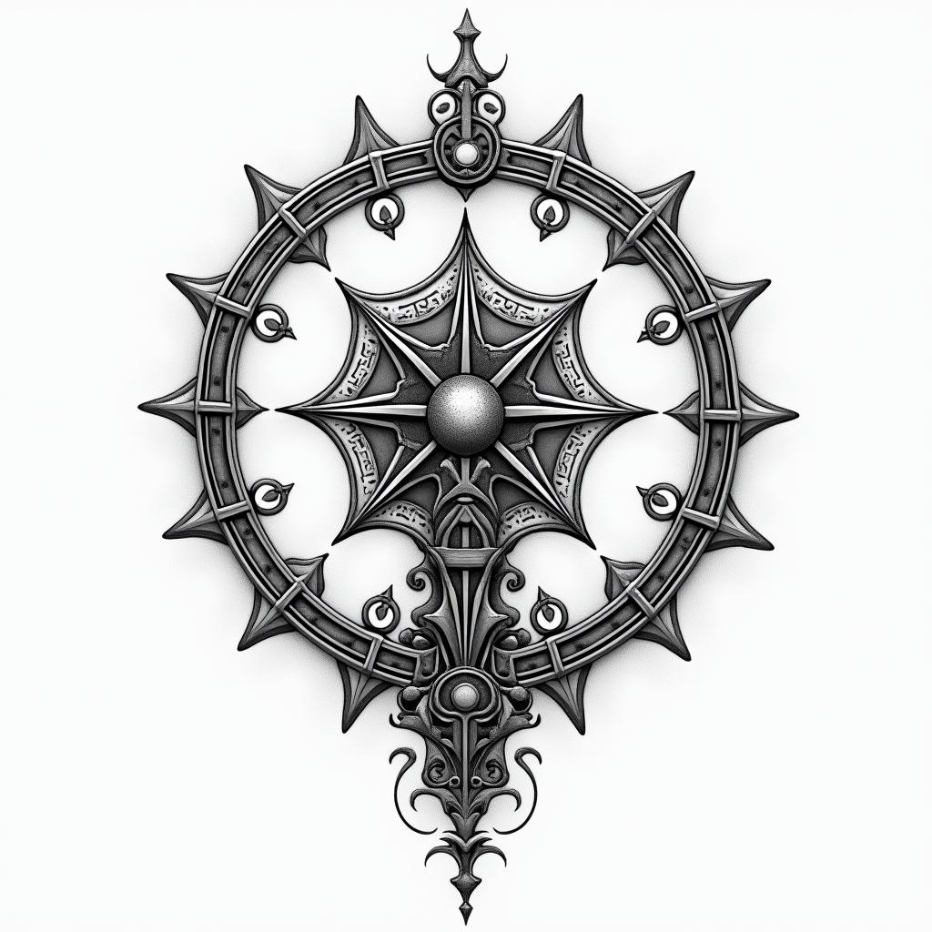 Samuele, Italian-English Pisces who lives in Tuscany.in paganic style tattoo, featuring ancient symbols, add vegvisir symbol, mystical figures, incorporating designs, pentagrams, runes, crescent moons, - Variation 4