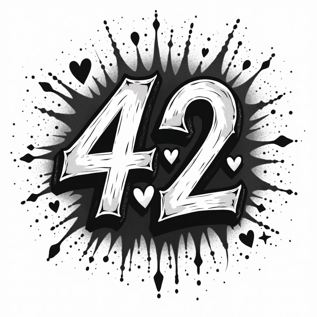 The number 42 and the words don’t panicin graffiti style tattoo, featuring bold and dynamic street art elements, spray-paint texture with exaggerated lines and expressive, chaotic brushstrokes, intricate lettering incorporated with graffiti tags, symbols like hearts, stars, and wings - Variation 3