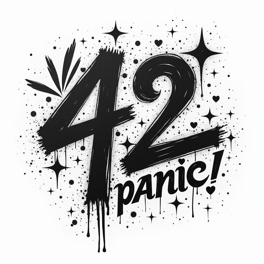 The number 42 and the words don’t panicin graffiti style tattoo, featuring bold and dynamic street art elements, spray-paint texture with exaggerated lines and expressive, chaotic brushstrokes, intricate lettering incorporated with graffiti tags, symbols like hearts, stars, and wings - Variation 1