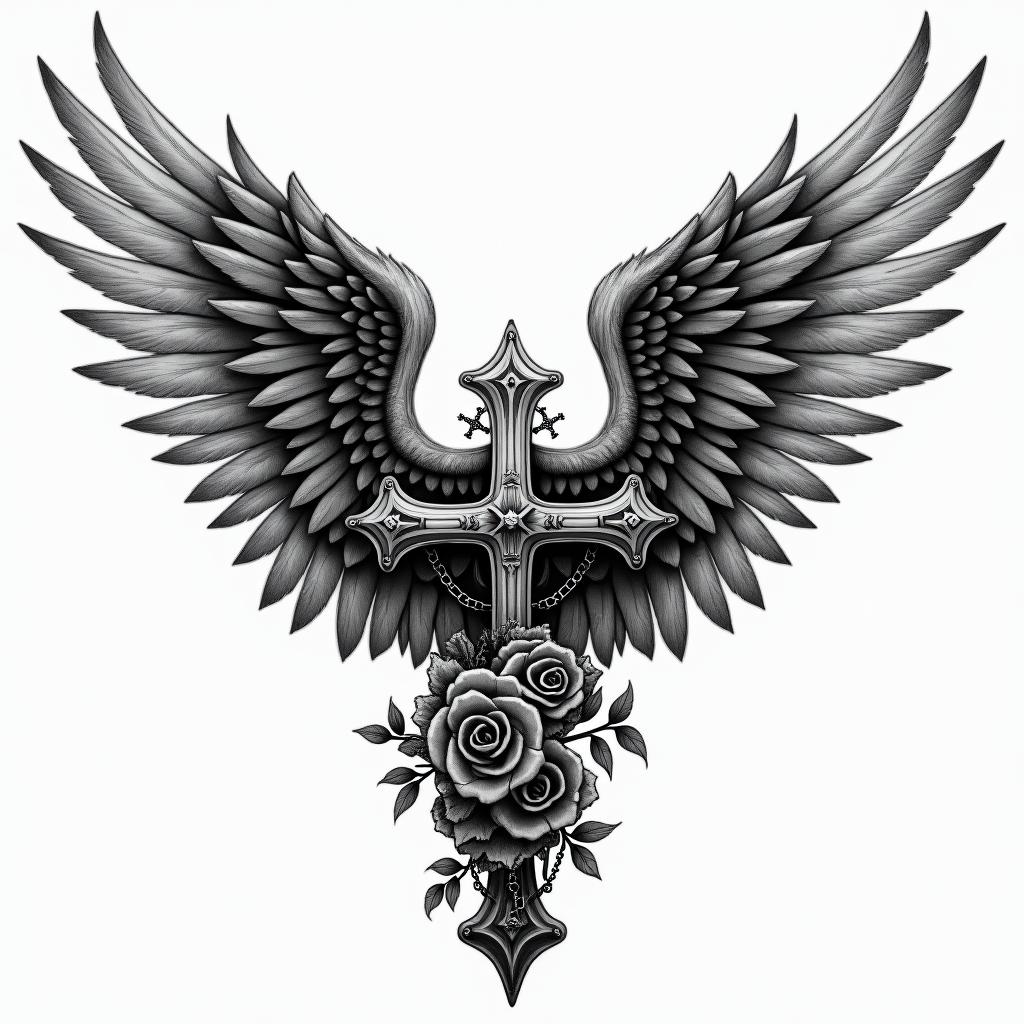 Angelic wings with detailed feathersin chicano style tattoo, featuring intricate black and grey shading, bold elements of traditional chicano culture symbols, add a big cross with skull, chains and roses - Variation 4