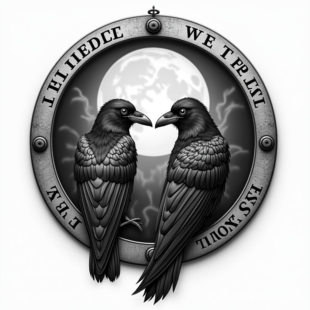 Viking shield with writing going around the inside edge “In Ellis We Trust” on the right side and “In Rose We Trust” on the left side, with two Ravens side by side in the middle with a fire background and moonhigly detailed tattoo - Variation 5