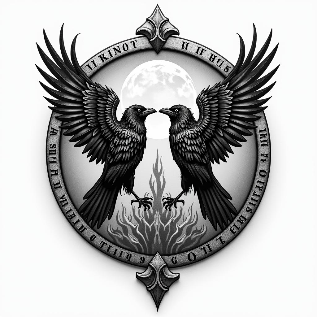 Viking shield with writing going around the inside edge “In Ellis We Trust” on the right side and “In Rose We Trust” on the left side, with two Ravens side by side in the middle with a fire background and moonhigly detailed tattoo - Variation 7